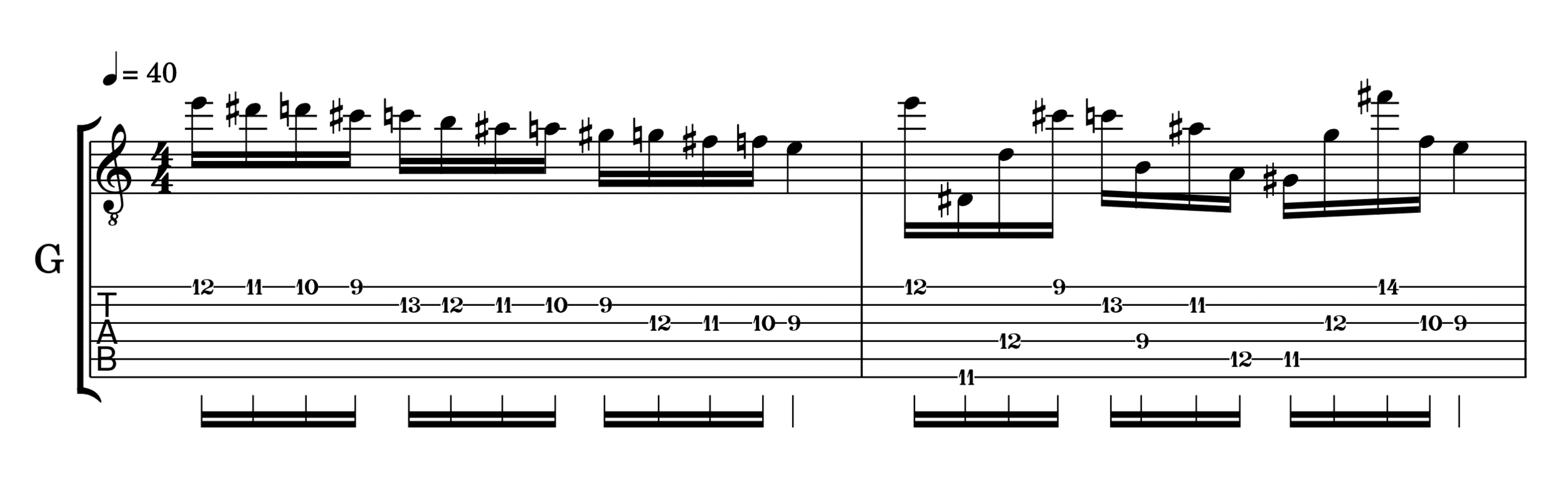 Partitura y tablatura del ejercicio descendente de escala cromática inspirado en Pat Martino