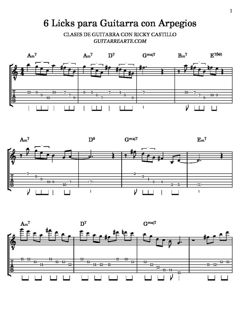 Primera página de la partitura y tablatura de seis arpegios de jazz para guitarra