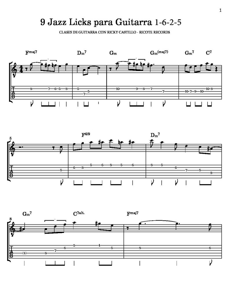 Primera página de la partitura y tablatura de nueve licks de jazz para guitarra