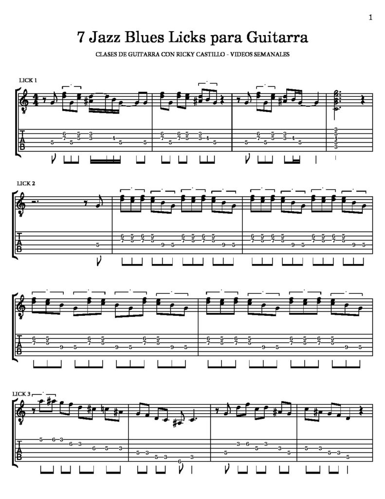 Primera página de la partitura y tablatura de siete frases de jazz blues para guitarra