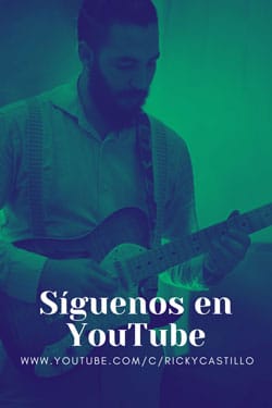 profesor de guitarra Ricky Castillo tocando una guitarra eléctrica en un cuarto verde con un letrero que dice síguenos en YouTube